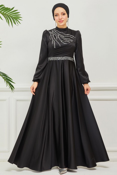 Stone Detailed Evening Dress -BLACK 