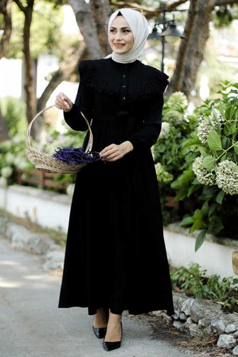 Guipure Hijab Dress BLACK