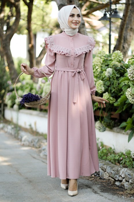 Guipure Hijab Dress POWDER PINK