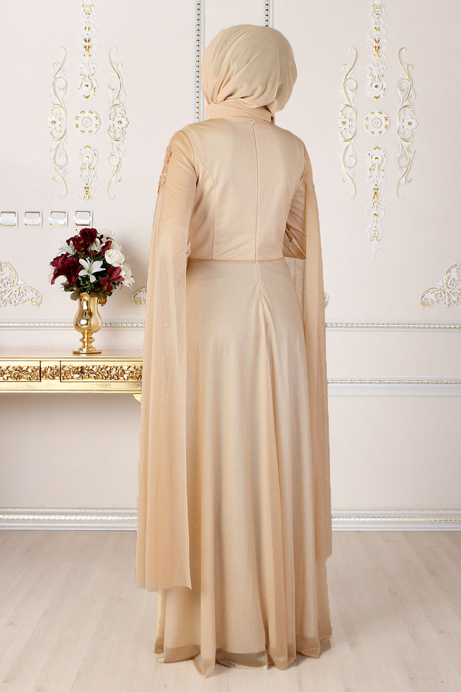 PEARL DETAILED GOLD EVENING DRESS