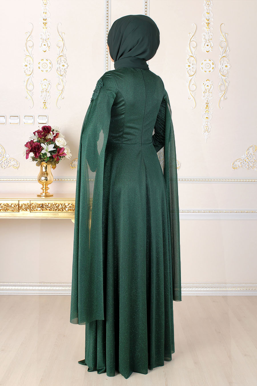 PEARL DETAILED GREEN EVENING DRESS