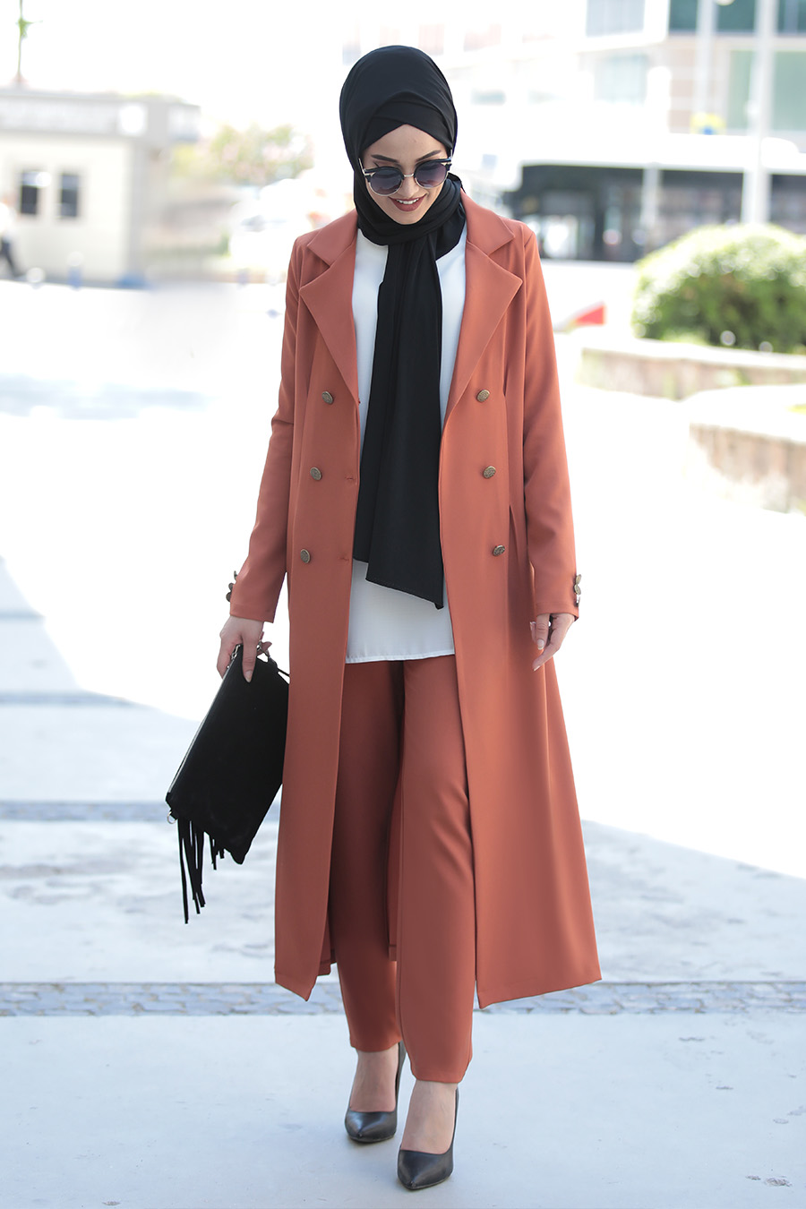 Brick Color Coat And Pant Suit