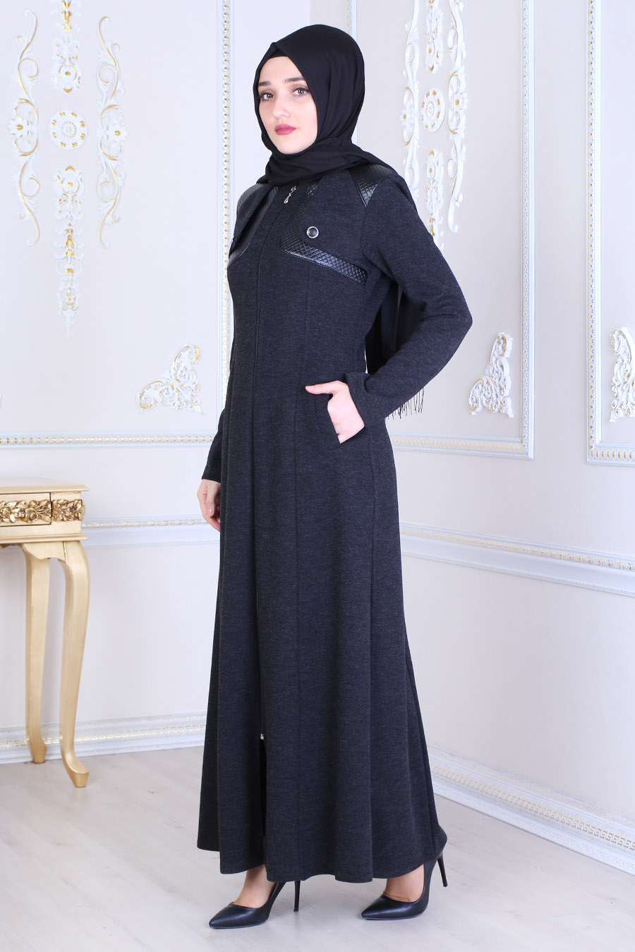  Leather  Detailed Black Abaya 