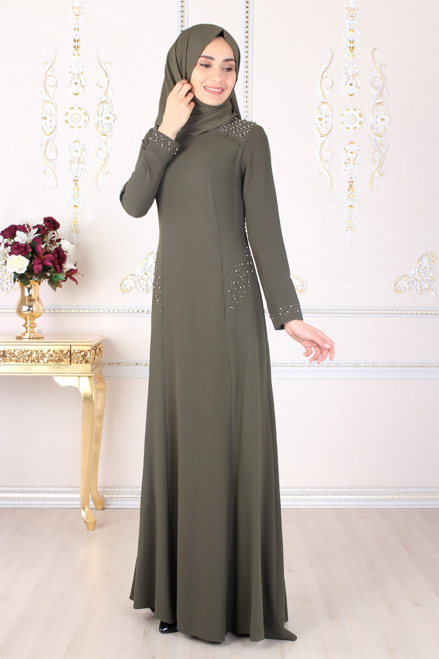 khaki evening dress