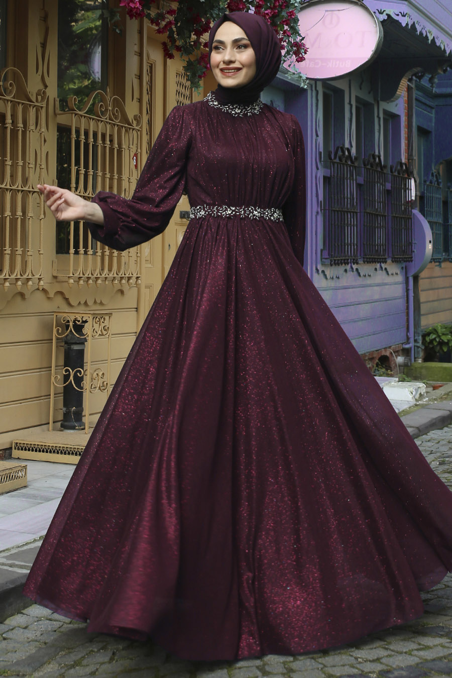 STONE DETAILED CLARET RED EVENING DRESS